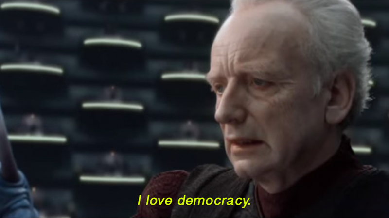 A screenshot from Star Wars of Palpatine saying “I love democracy”